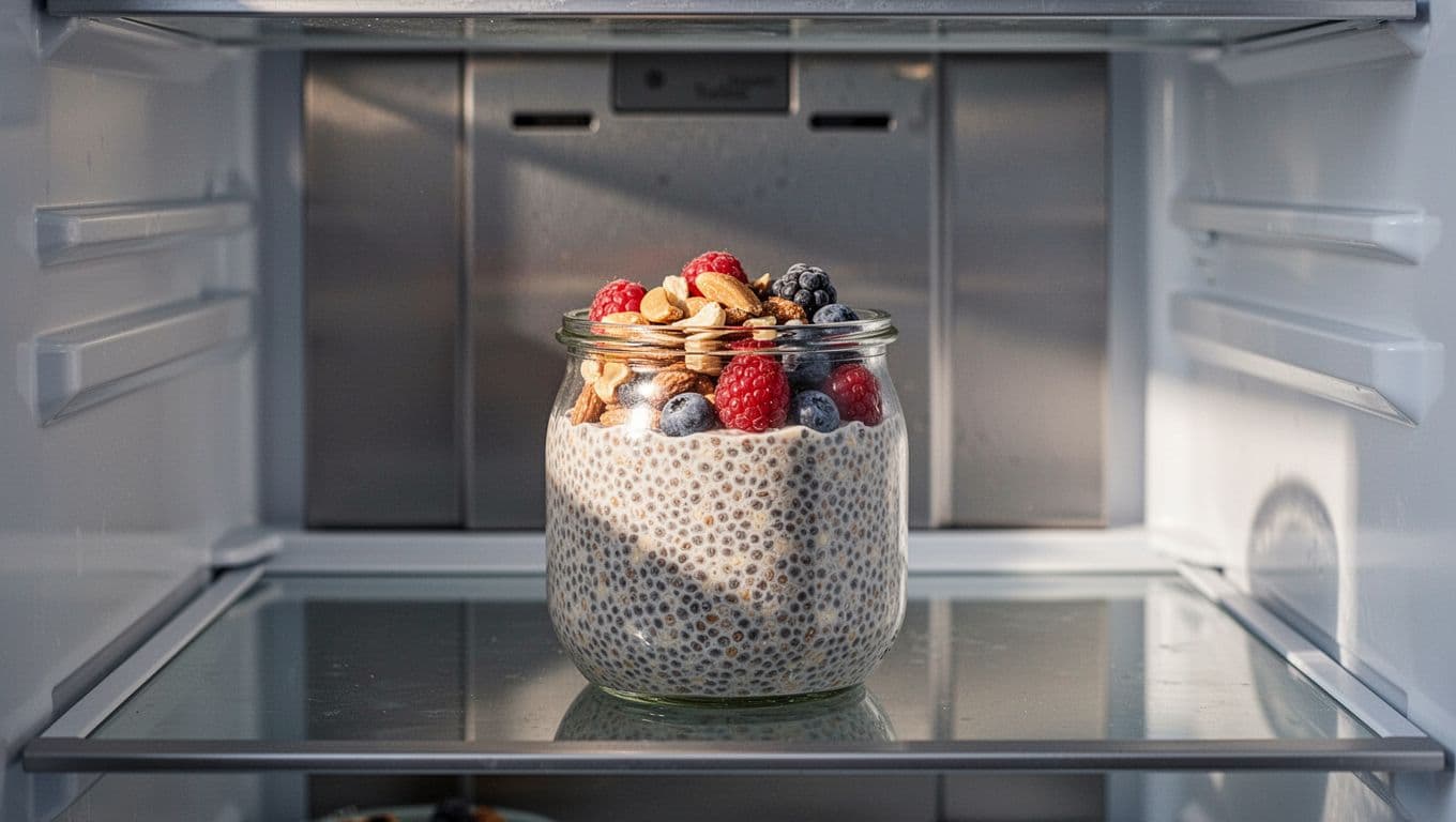 A glass jar filled with creamy chia seed pudding sits on a white refrigerator shelf. The meal is topped with mixed berries and almonds, glowing under bright, soft morning light.