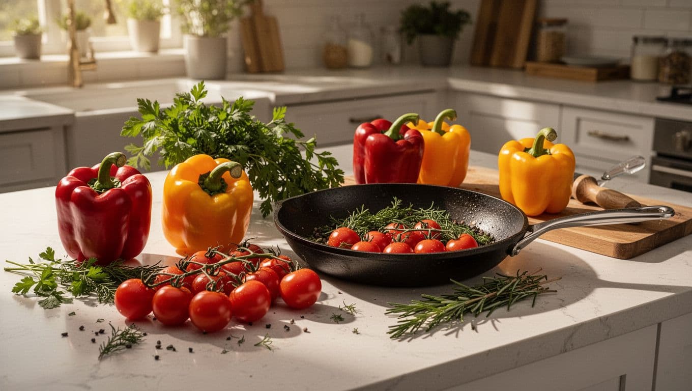 Vibrant bell peppers and cherry tomatoes rest on a clean stone countertop next to a seasoned skillet. Fresh green herbs sit in a small bowl, ready for a quick evening meal.
