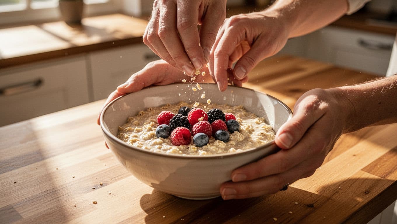 A pair of hands carefully garnishes a rustic ceramic bowl filled with warm oatmeal using vibrant, fresh raspberries and blueberries. Sunlight streams across the clean kitchen counter to highlight the textures.