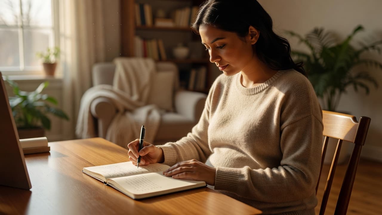An expectant parent sits at a wooden table in a sunlit room, focusing intently on a handwritten document. A pen rests on an open notebook as soft light filters through the space.
