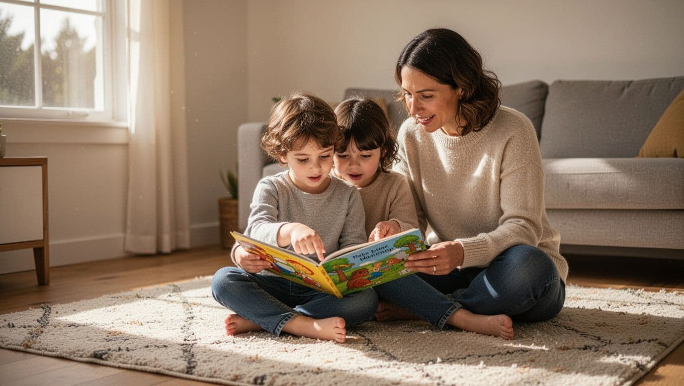 Preschooler and adult sit on living room rug reading colorful picture book, child pointing at page.
