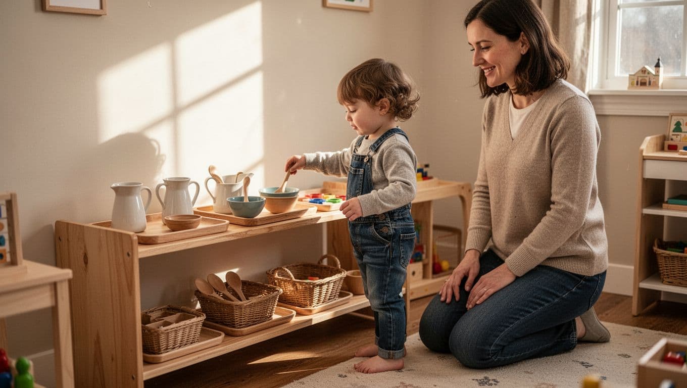 4-year-old reaches for tray on low shelf in playroom; kneeling parent observes quietly.