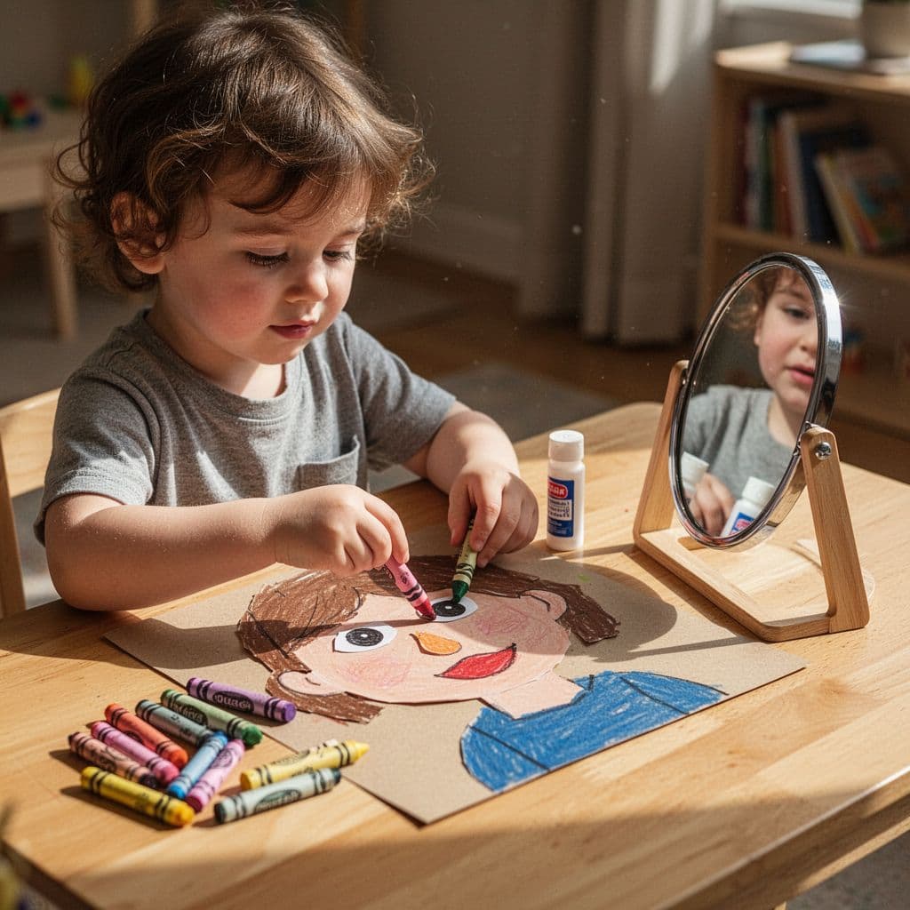 A young child sits at a wooden table using colorful crayons and glue to arrange paper shapes. A small mirror rests nearby to help the student capture their facial features.
