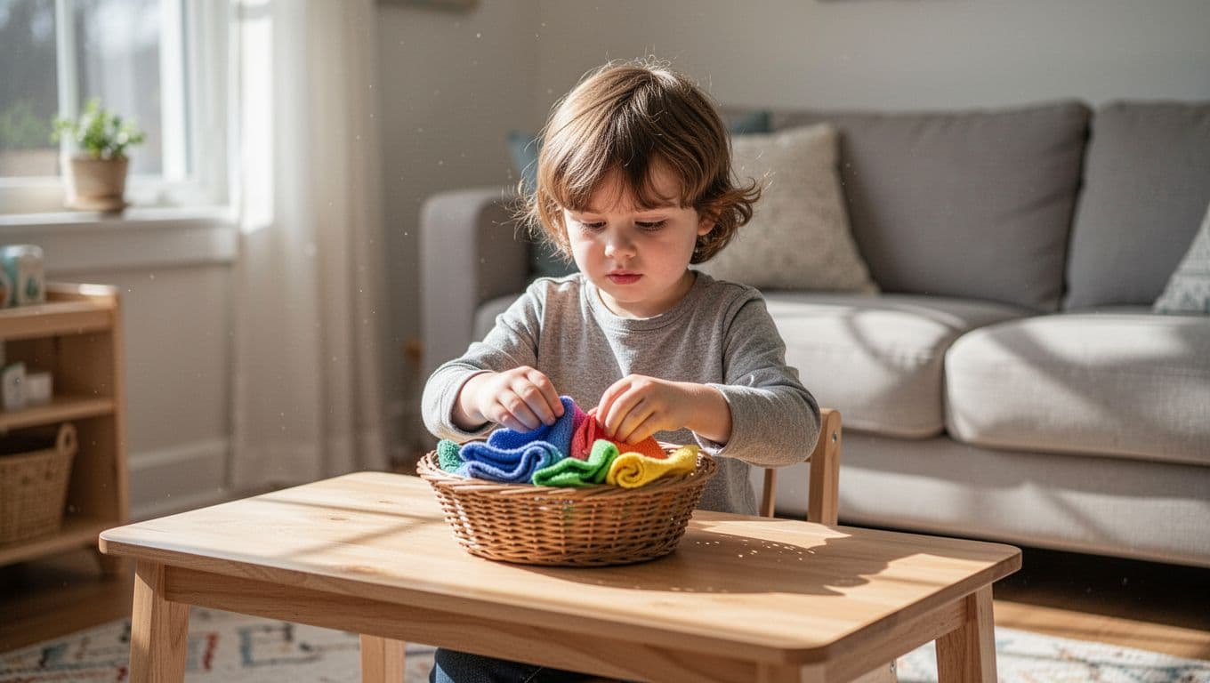 A 4-year-old preschooler sits at a low wooden table in a bright living room, folding small colorful cloths into a basket.