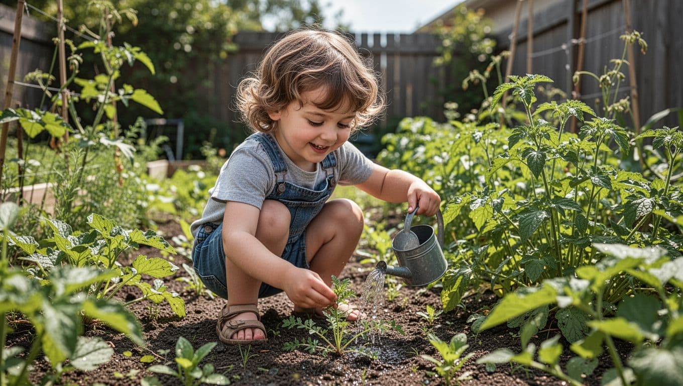 A preschooler crouches in a sunny backyard garden, watering plants with a small pitcher amid green foliage.
