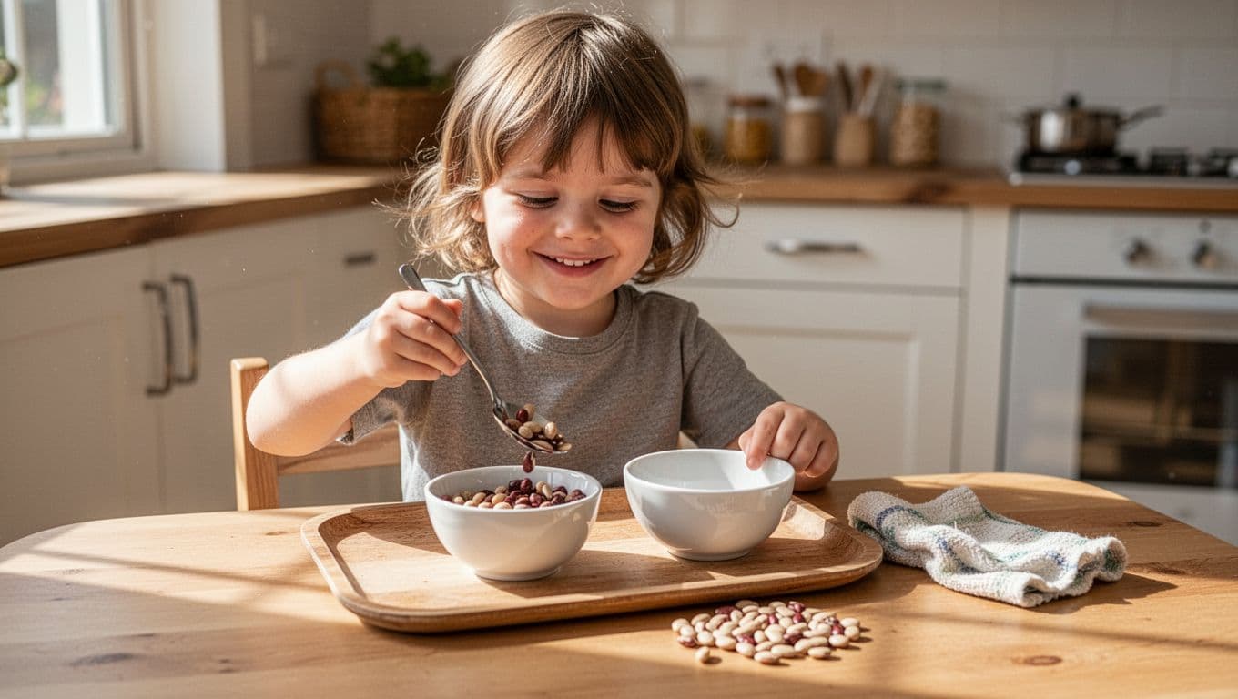 4-year-old at low wooden table spoons dry beans from white bowl to empty bowl repeatedly, small spill and damp cloth nearby.