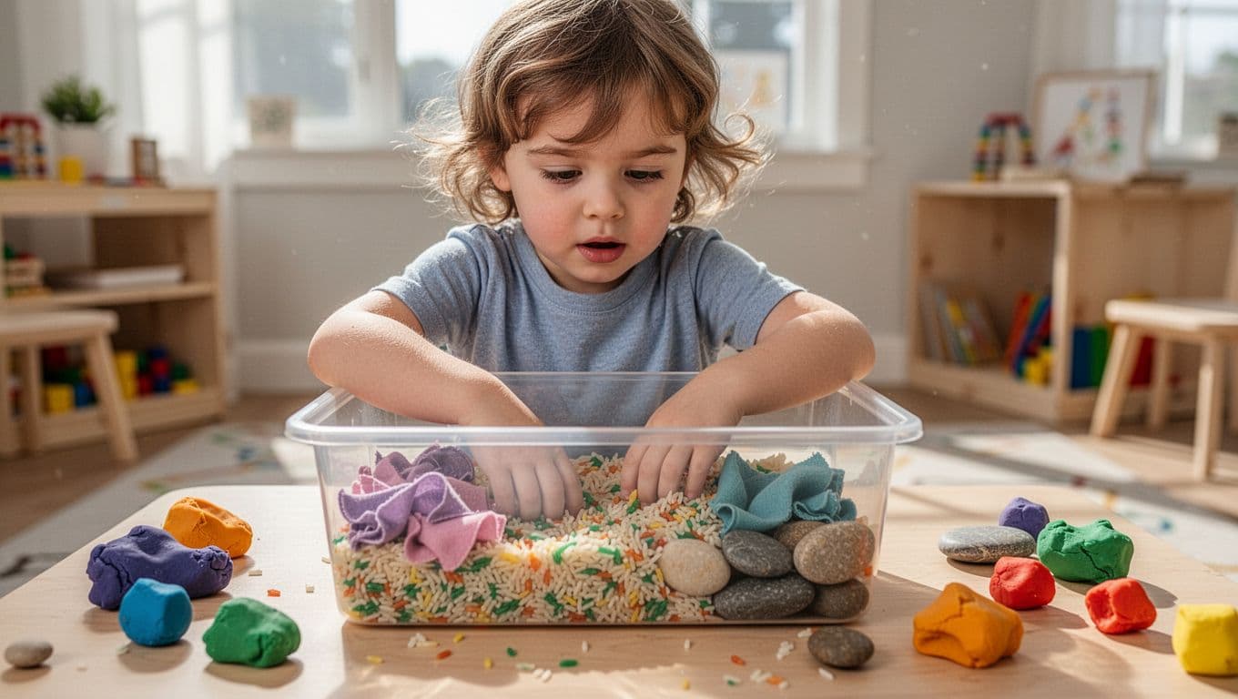 4-year-old with hands buried in bin of colored rice, fabric scraps, pebbles, and playdough on wooden table.