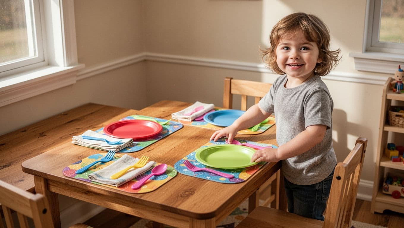 Smiling 4-year-old preschooler stands beside child-sized wooden table set with colorful placemats, napkins, plastic utensils, and plates.