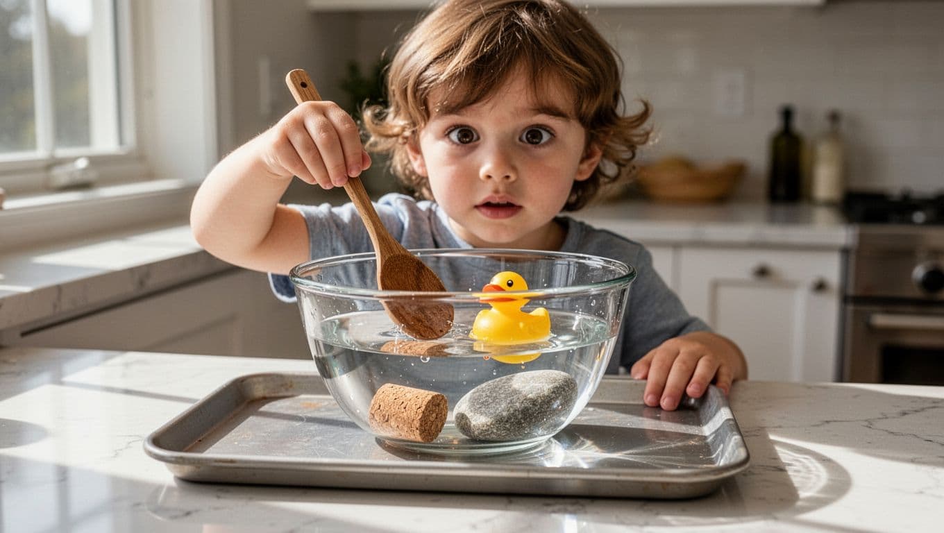 4-year-old drops spoon, cork, duck, and rock into half-filled water bowl on kitchen tray, watching some float and sink.