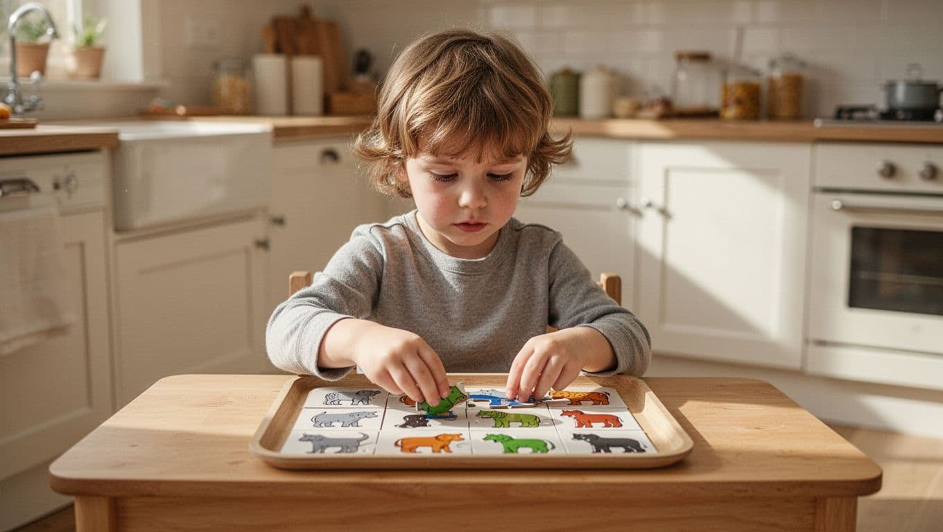 4-year-old preschooler at low wooden table fits 12-piece animal puzzle on tray in bright kitchen.