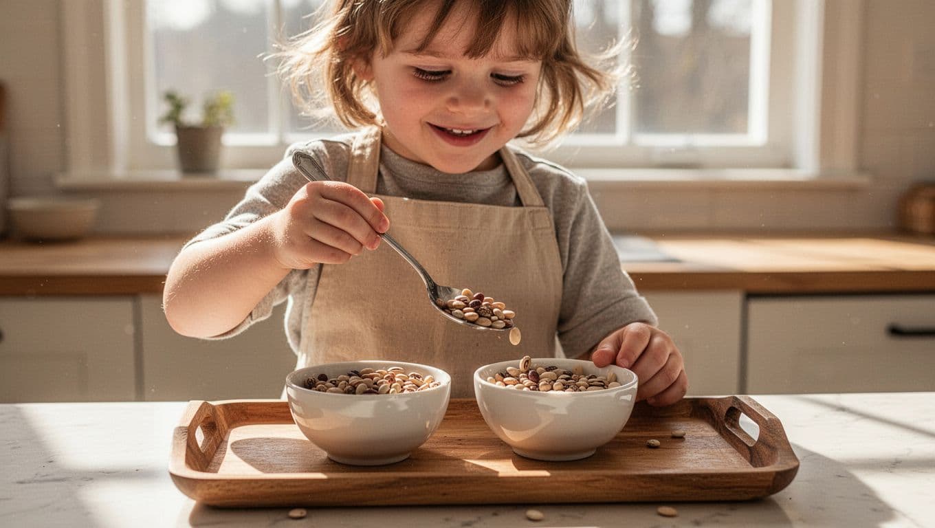 A preschooler spoons dry beans from one small white bowl to another identical bowl on a low wooden tray.