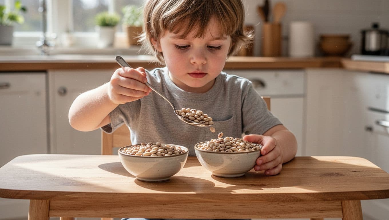 A 4-year-old child spoons dry beans from one small bowl to another on a low wooden table in a bright kitchen.