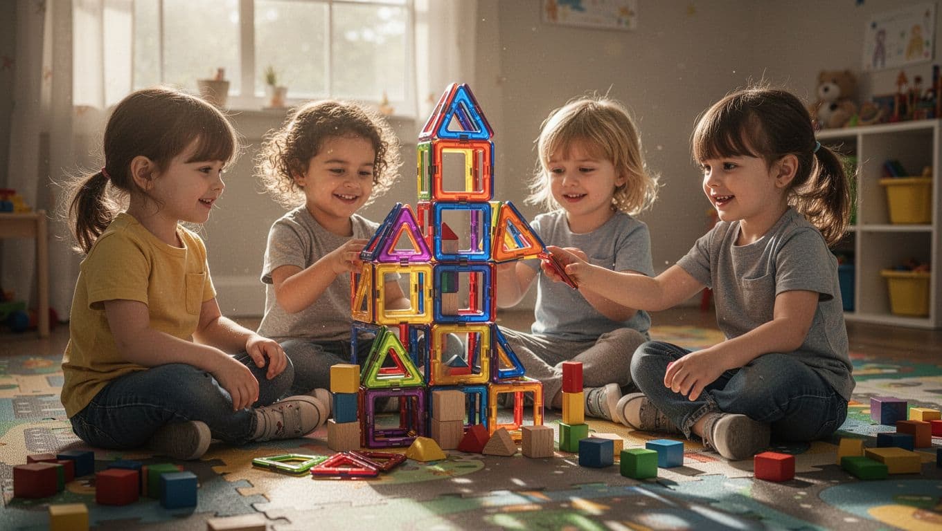Four young children sit on a colorful play mat constructing an intricate tower using magnetic tiles and wooden blocks. Warm afternoon sunlight floods the room while the group works together intently.