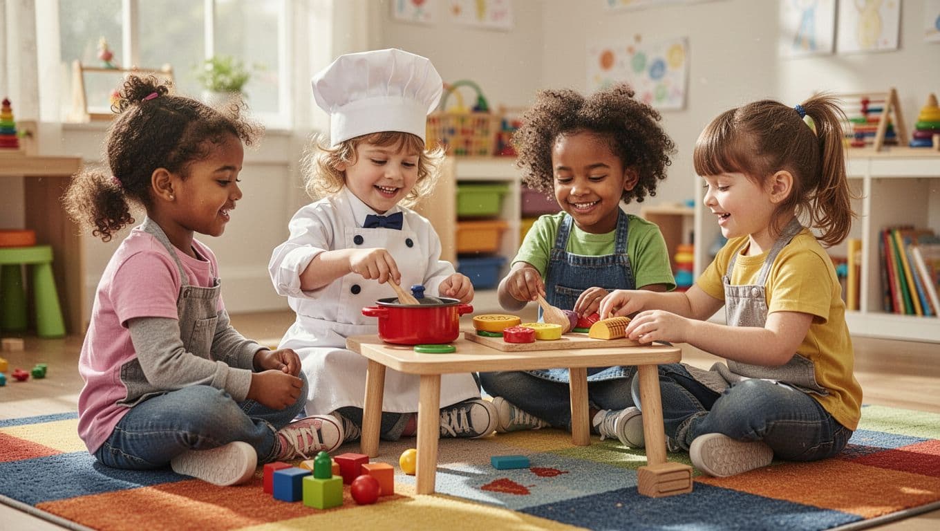 Four diverse preschoolers engage in pretend play: one stirs pot as chef, others set table with toy food on colorful rug.
