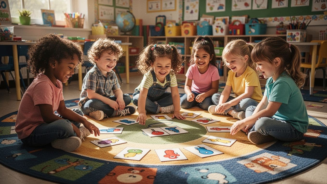 A group of diverse preschoolers sits on a vibrant classroom rug engaged in an interactive sorting game. Warm sunlight streams in, highlighting their concentrated expressions and the colorful geometric tiles below.
