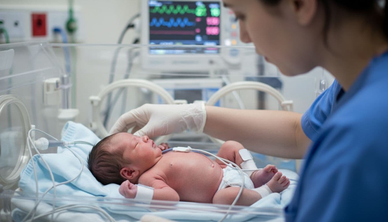 A tiny low birth weight preterm newborn lies in a hospital incubator with medical monitors, a caring nurse partially visible nearby, focusing on the baby's vulnerability from maternal malaria risks, in realistic style with soft lighting.