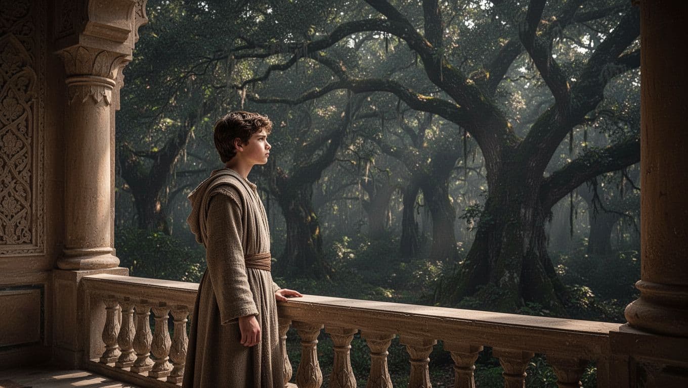A young prince in plain garments stands at the stone threshold of a grand palace, gazing out toward an immense and gloomy forest. Deep shadows frame his solitary and somber silhouette.