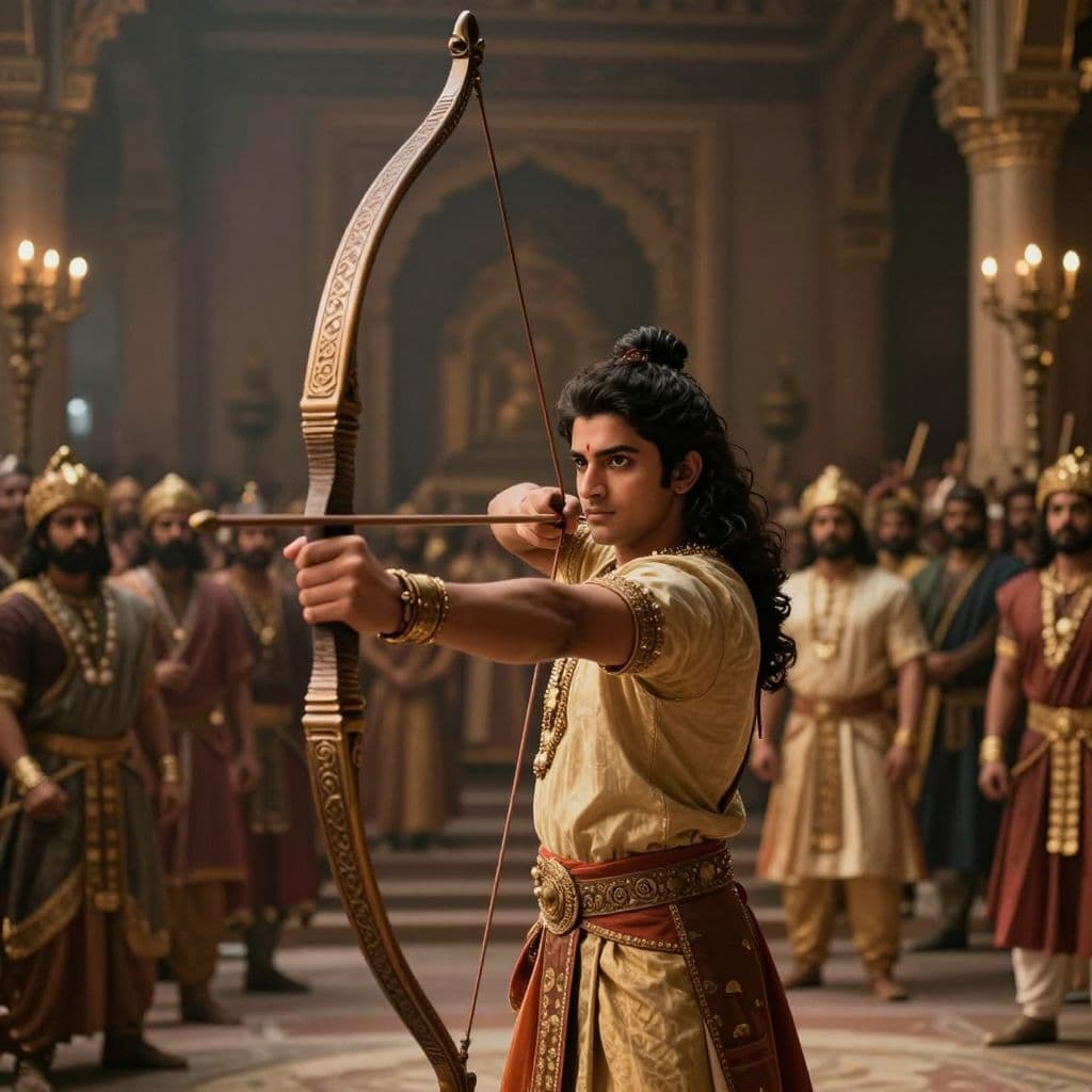 A strong, calm young prince lifting a massive, ancient, ornate bow in a crowded royal hall. The atmosphere is tense yet hopeful. Cinematic style, strong contrast, depth, dramatic lighting, no text, no logos.