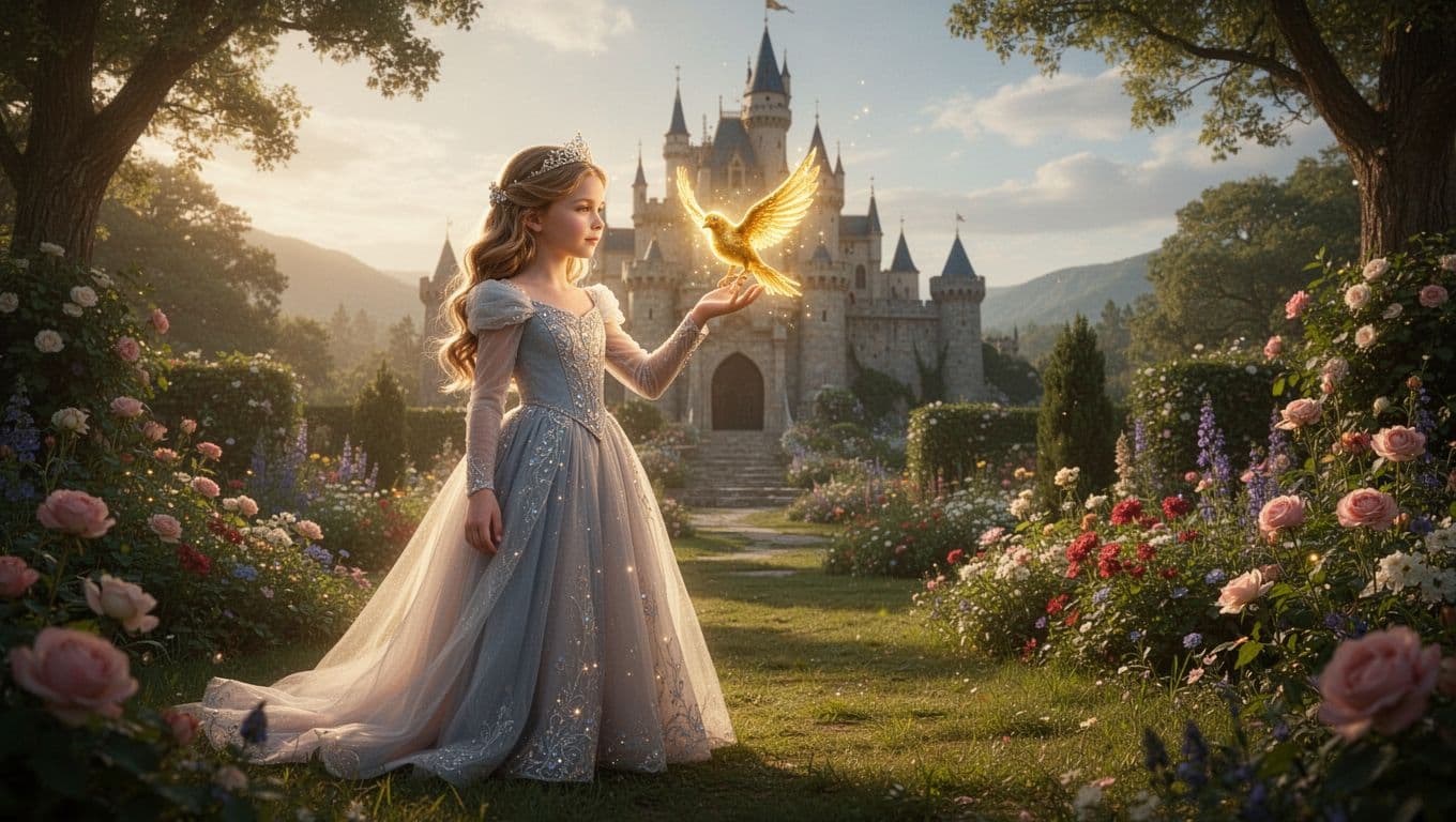 A young princess wearing a flowing gown stands in a vibrant garden, holding a glowing golden bird on her finger. A towering stone castle rises against the horizon in this enchanted kingdom.