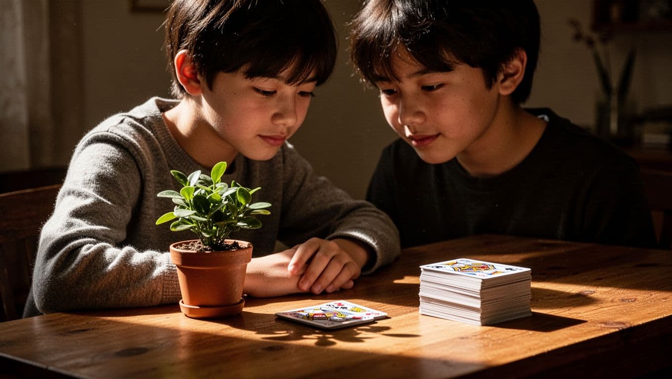 A focused individual gently tends to a small green plant sitting on a clean wooden surface, turning their back on a scattered pile of credit cards blurred in the foreground.