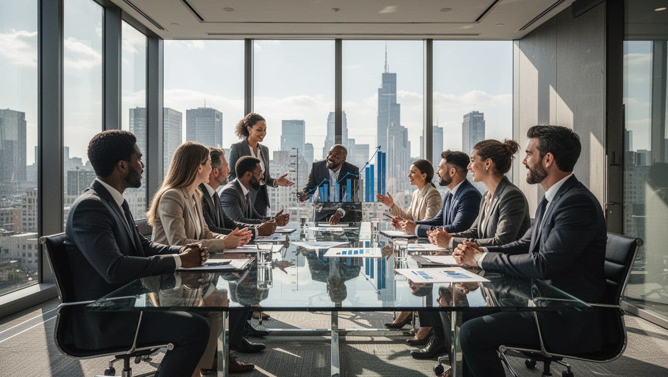 A diverse group of professionals sits around a glass table in a sunlit office, reviewing financial charts on digital tablets to analyze private credit investment trends and long-term capital growth.