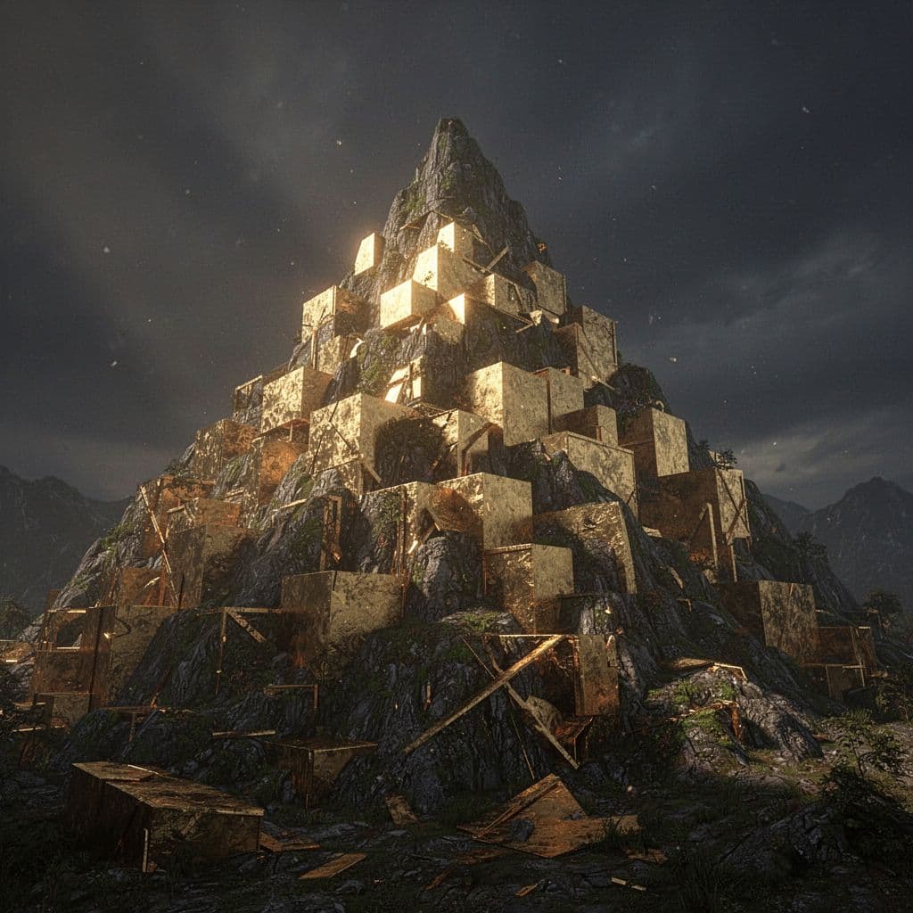 A massive, towering sculpture composed of stacked, irregular gold geometric blocks rises against a dark, moody background. Dramatic lighting accentuates the sharp metallic textures, deep shadows, and high contrast of the structure.