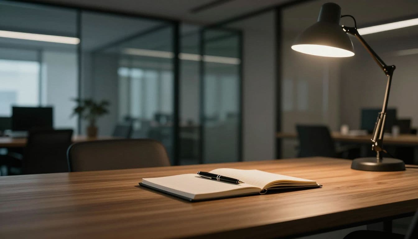 A high-end wooden table sits in a dimly lit office, featuring an open notebook and a classic fountain pen. Focused warm light illuminates the desk against blurred glass office partitions.