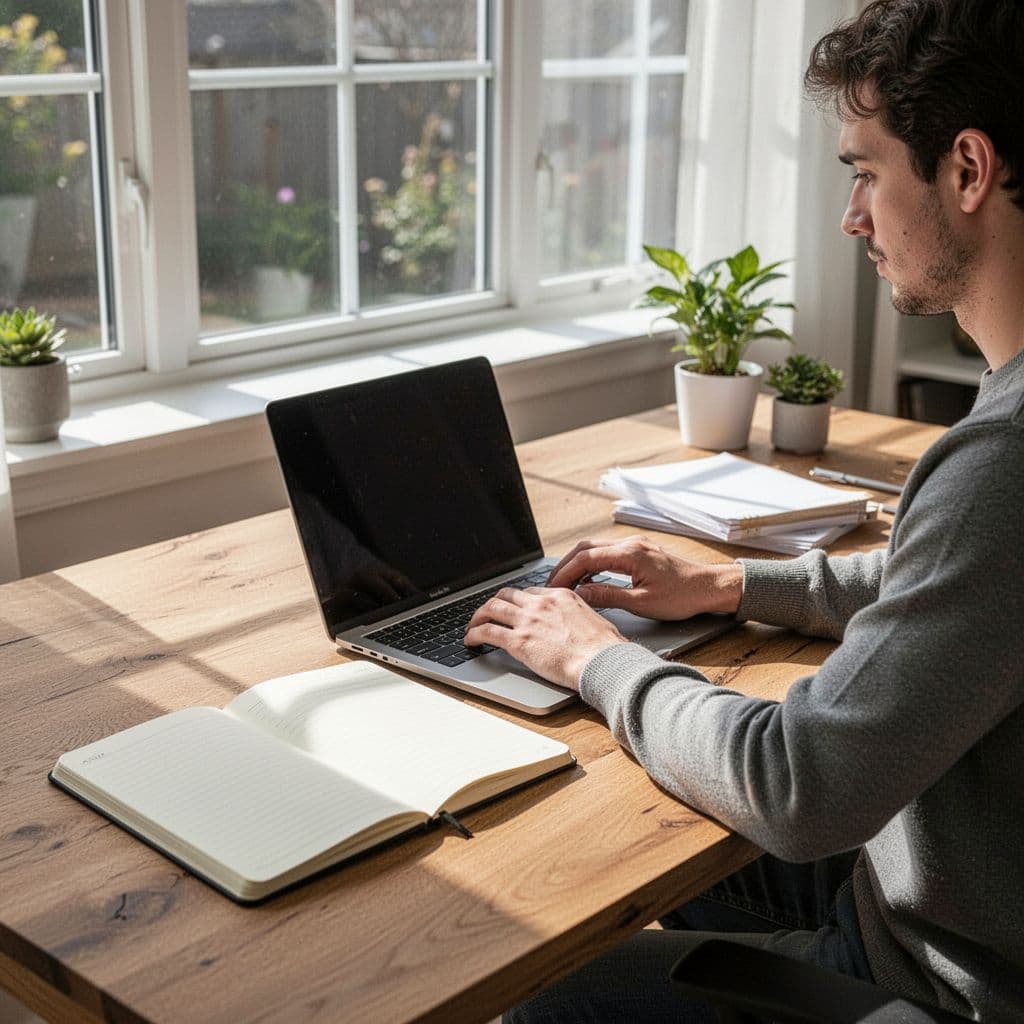 A person types on a laptop while referencing a structured writing template on a notepad.