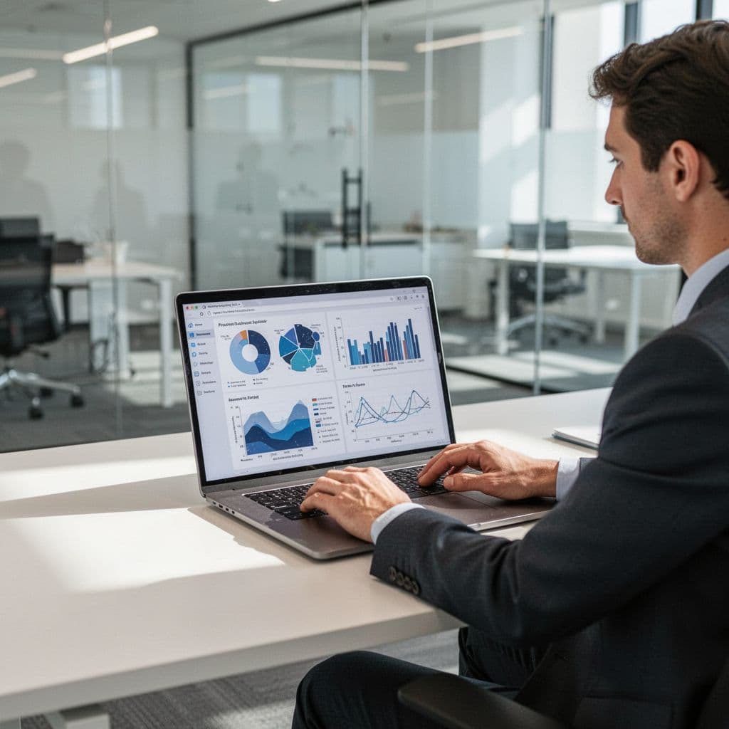 An analyst sits at a bright desk reviewing complex performance data charts on a laptop screen.