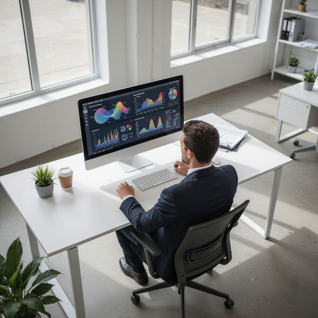A professional sits at a desk in a bright office, viewing generic charts on a computer screen.