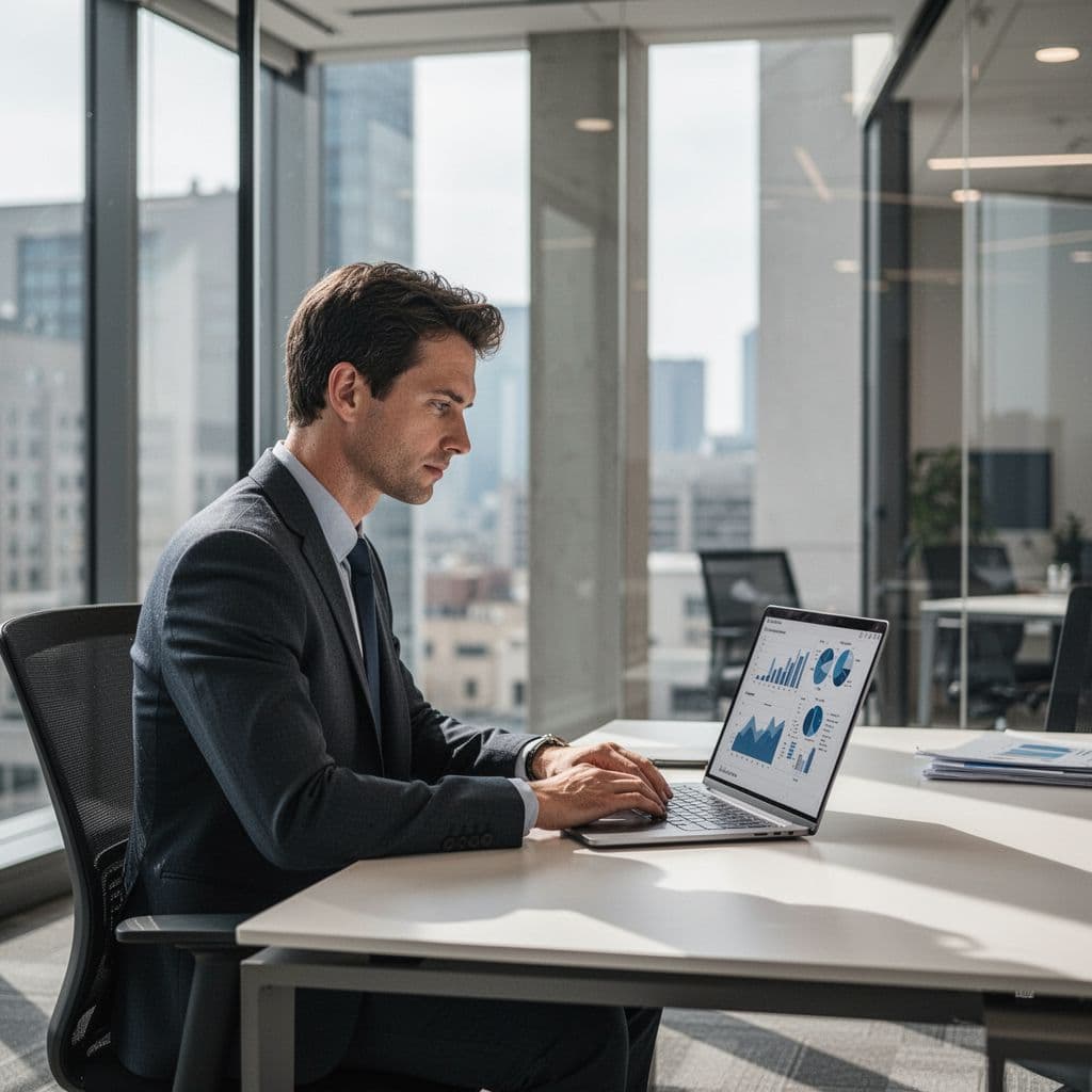 A focused professional sits at a clean desk analyzing business data on a modern laptop screen.