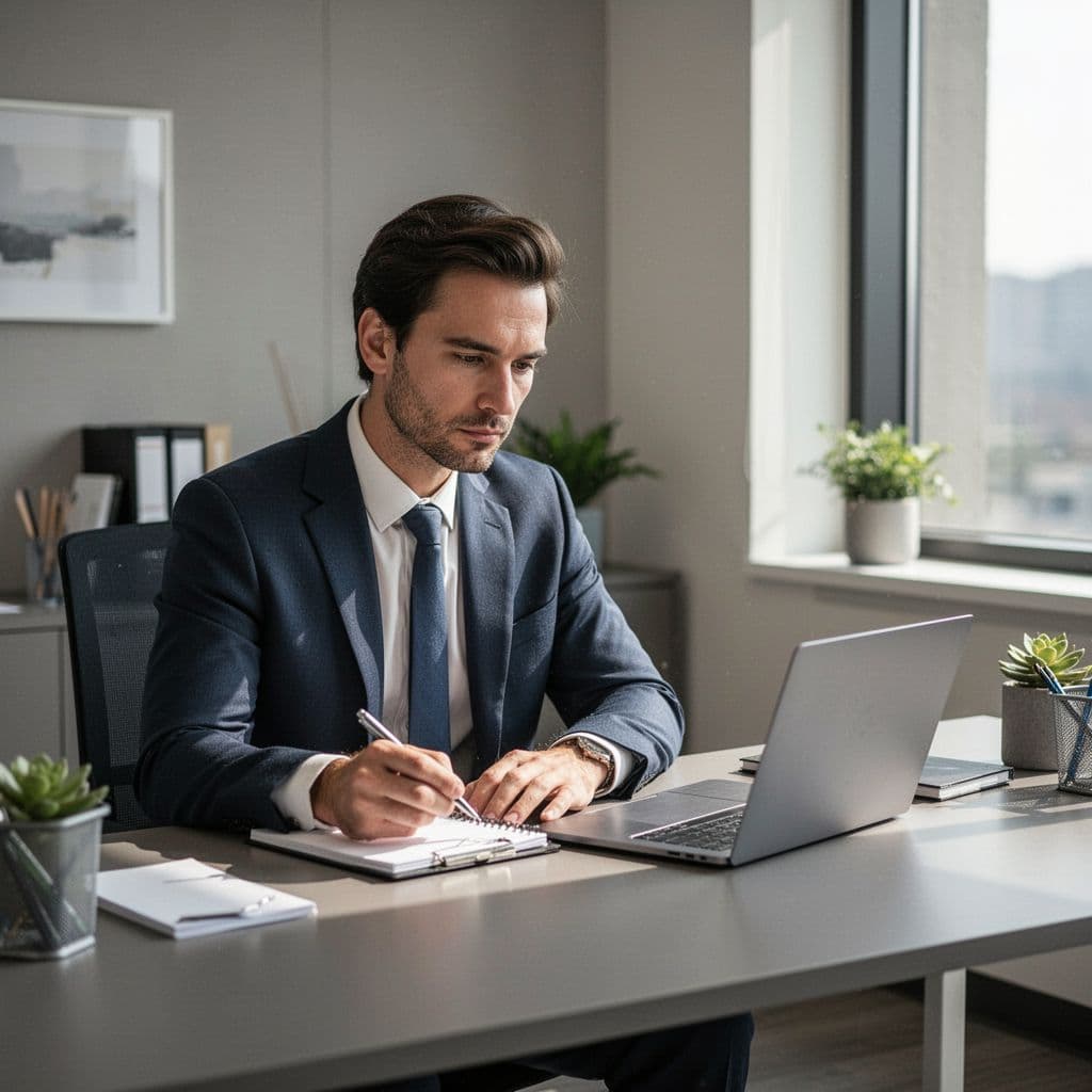 A professional sits at a desk reviewing buyer questions on a laptop and notepad in a workspace.