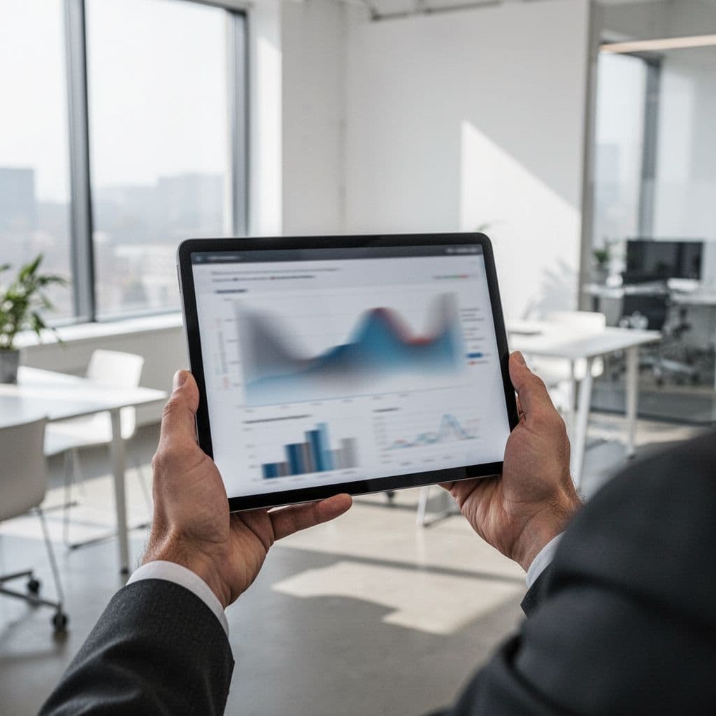 A professional holds a tablet displaying an abstract data dashboard in a brightly lit modern office.