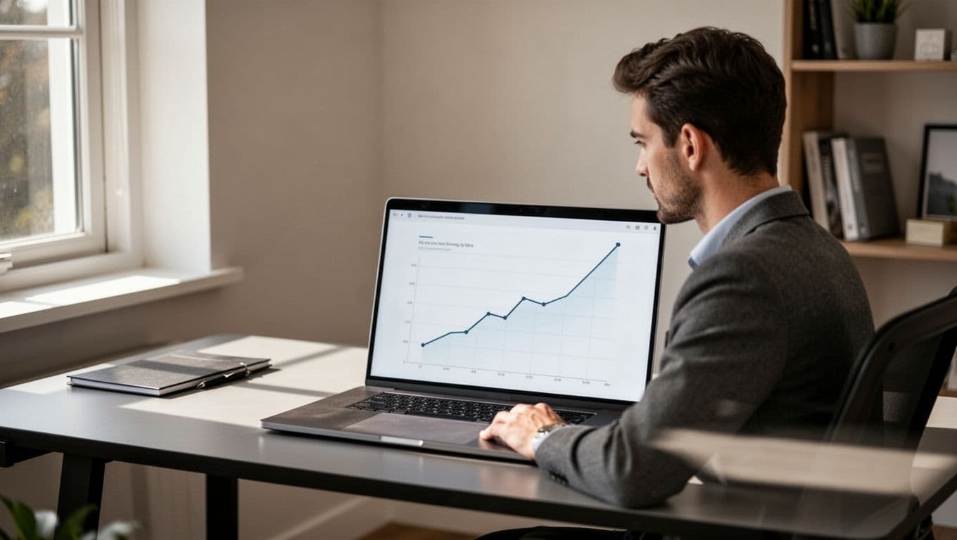 A focused professional views a digital sales trend chart on a laptop in a home office.