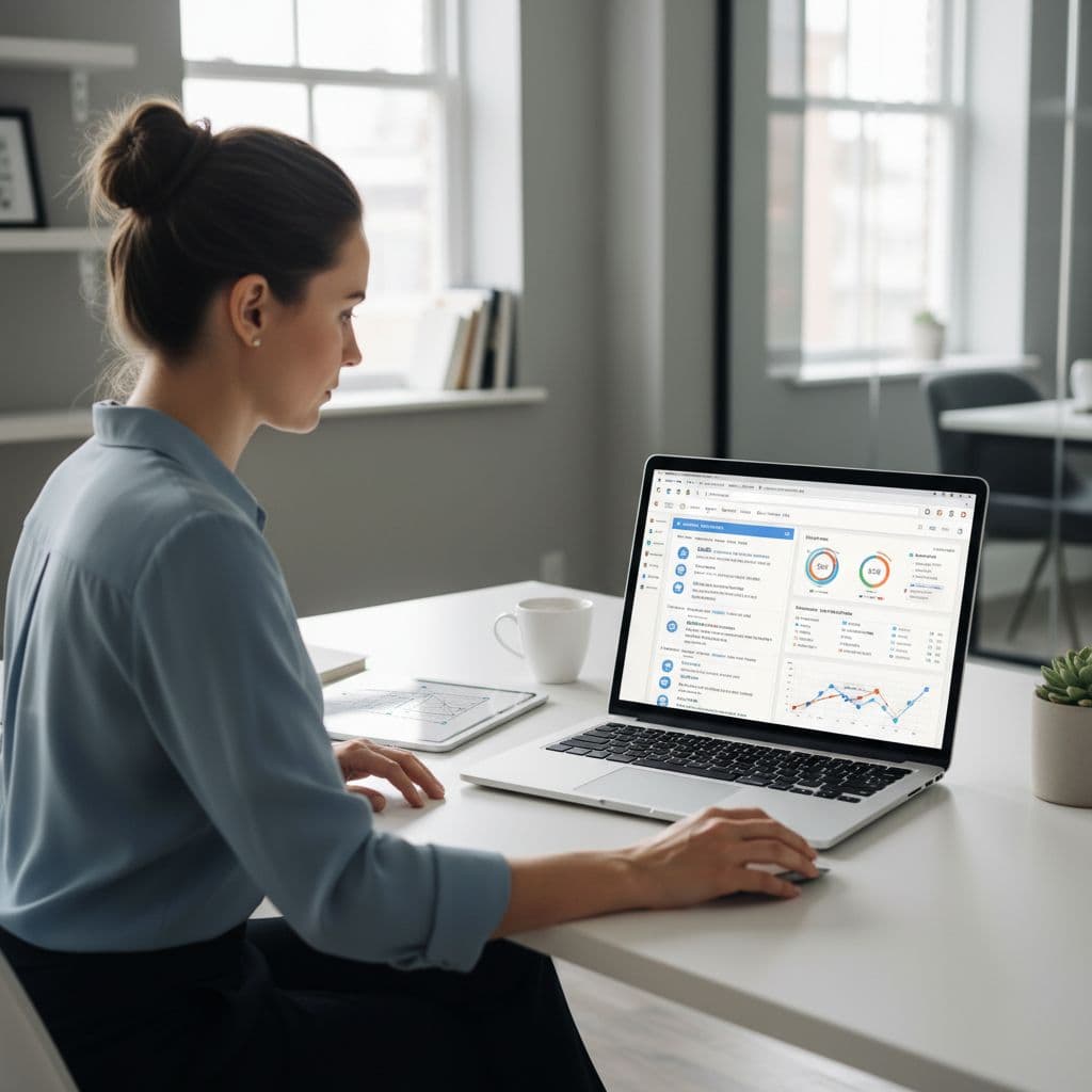 A professional at a modern desk views search engine results and website analytics on a laptop.