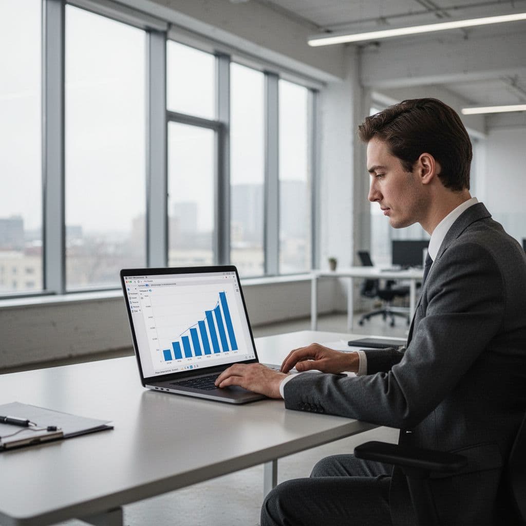 Person at desk in bright office views laptop screen with upward bar chart showing traffic rise.