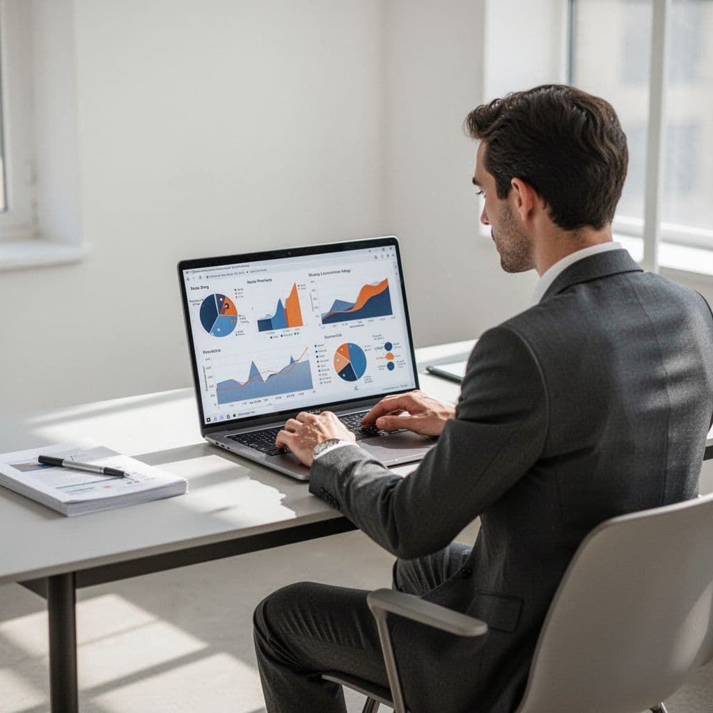 A professional sits at a clean modern desk, focused on digital analytics displayed on a computer screen.