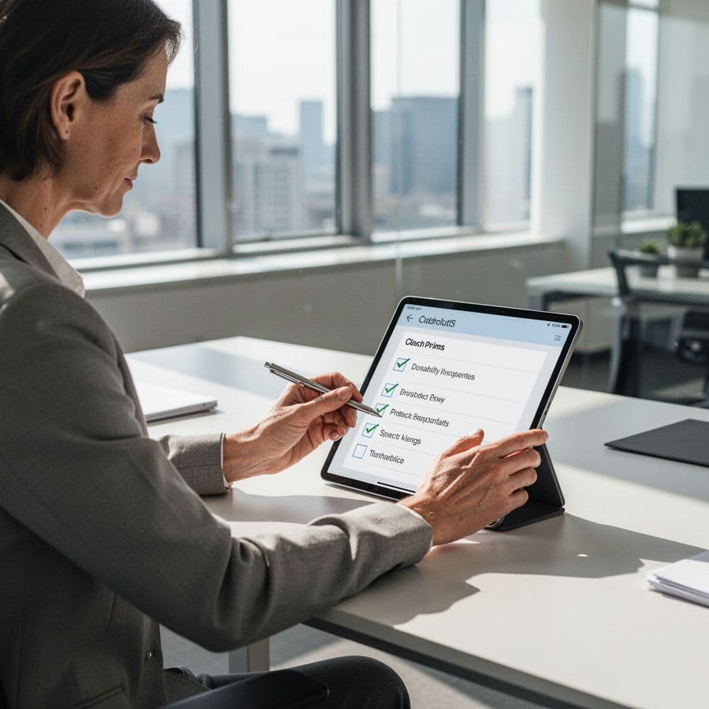 Person at desk in modern office marks items off checklist on tablet with pen.