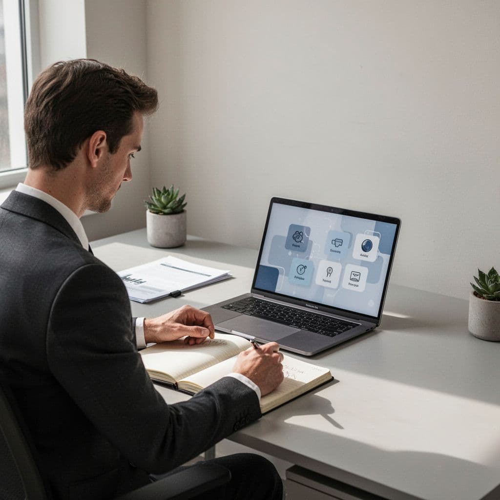 A person works at a desk using a laptop and notebook to audit documents in a bright office.