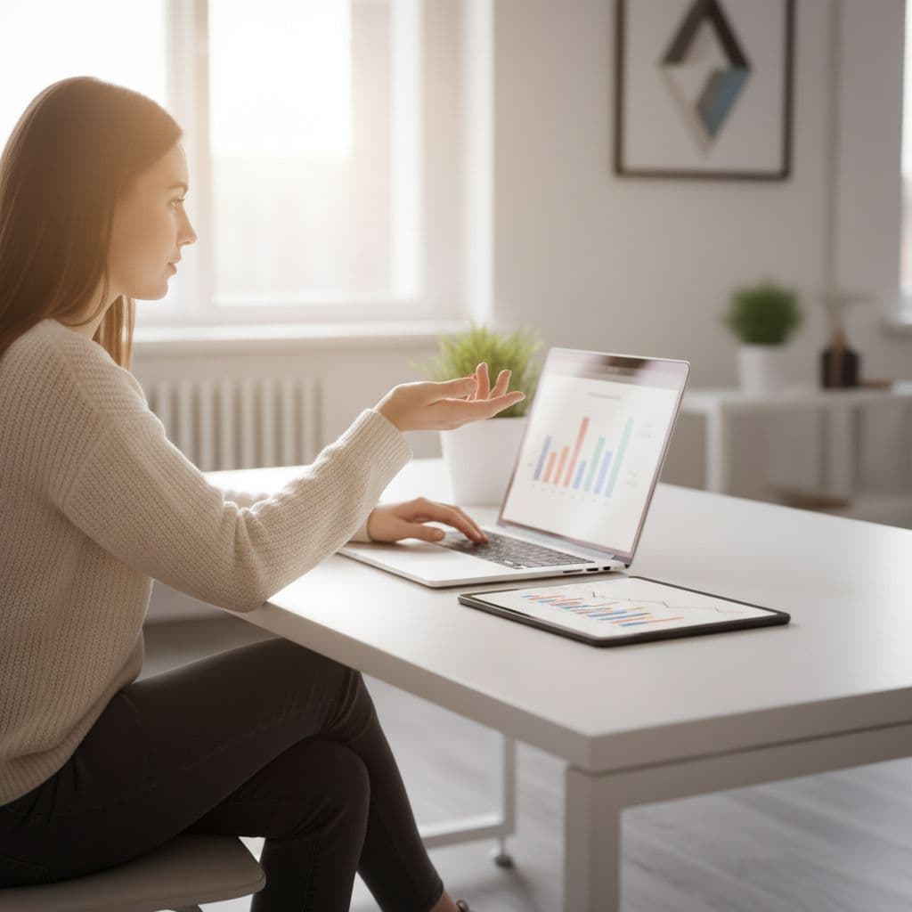A professional sits at a clean desk with a laptop and a tablet displaying data charts.