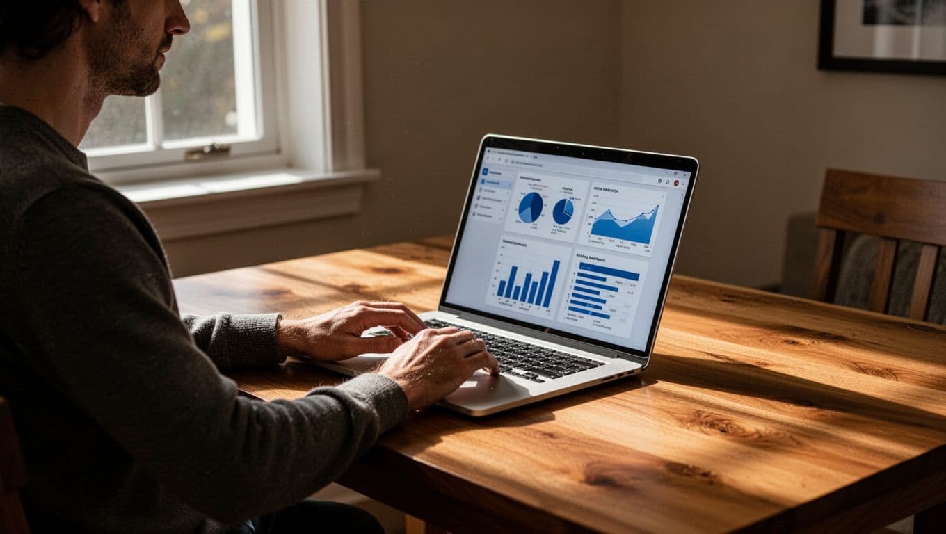 A focused individual sits at a clean wooden desk, reviewing performance charts on a laptop screen. Soft sunlight streams through a nearby window, casting deep shadows across the quiet workspace interior.