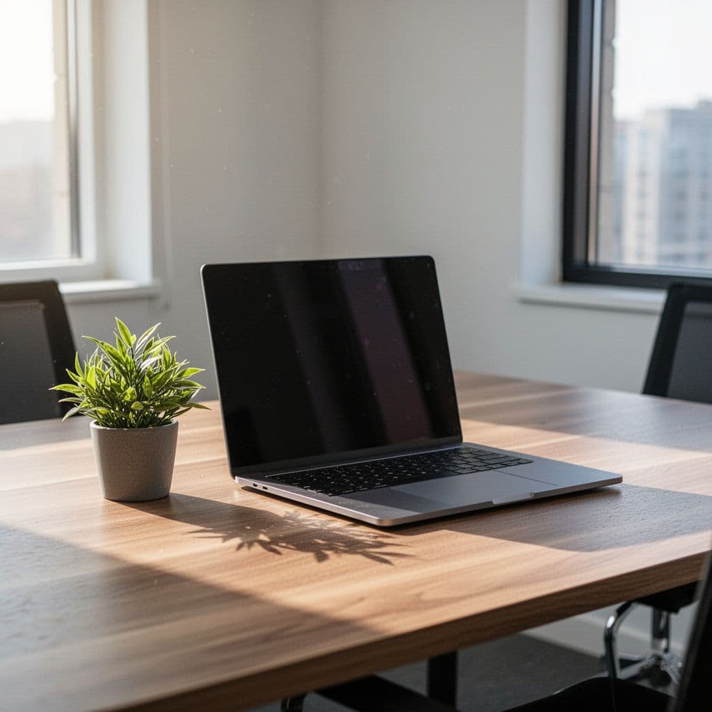 A clean desk features a laptop displaying a calendar, a notebook with a pen, and a small plant.