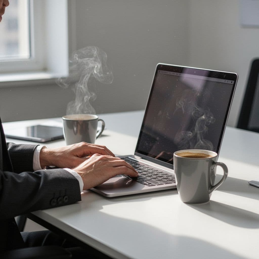 Person uses laptop on clean desk with coffee in minimalist office.