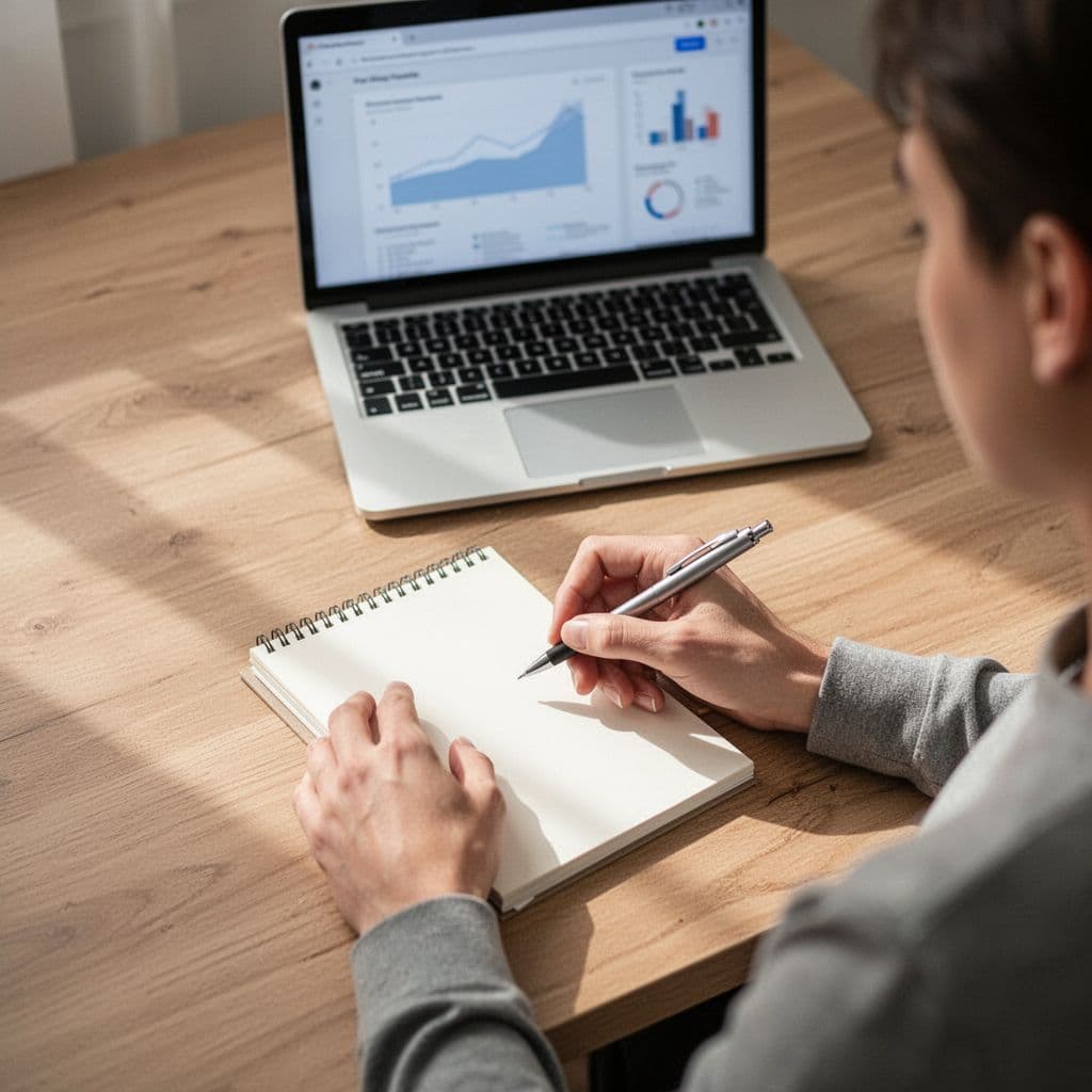 A person reviews data on a laptop while taking notes at a minimalist wooden desk.
