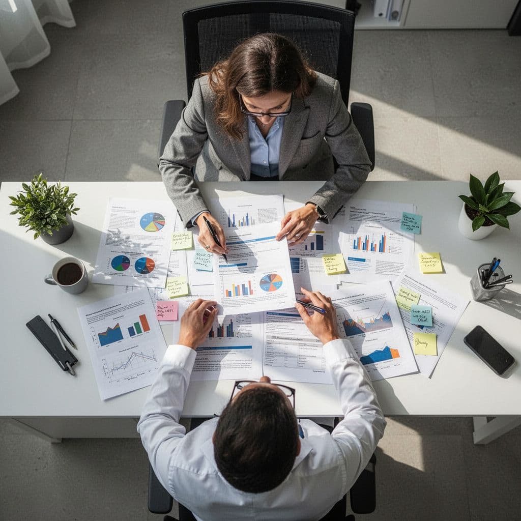 A person reviews documents and charts on a desk to analyze research data.