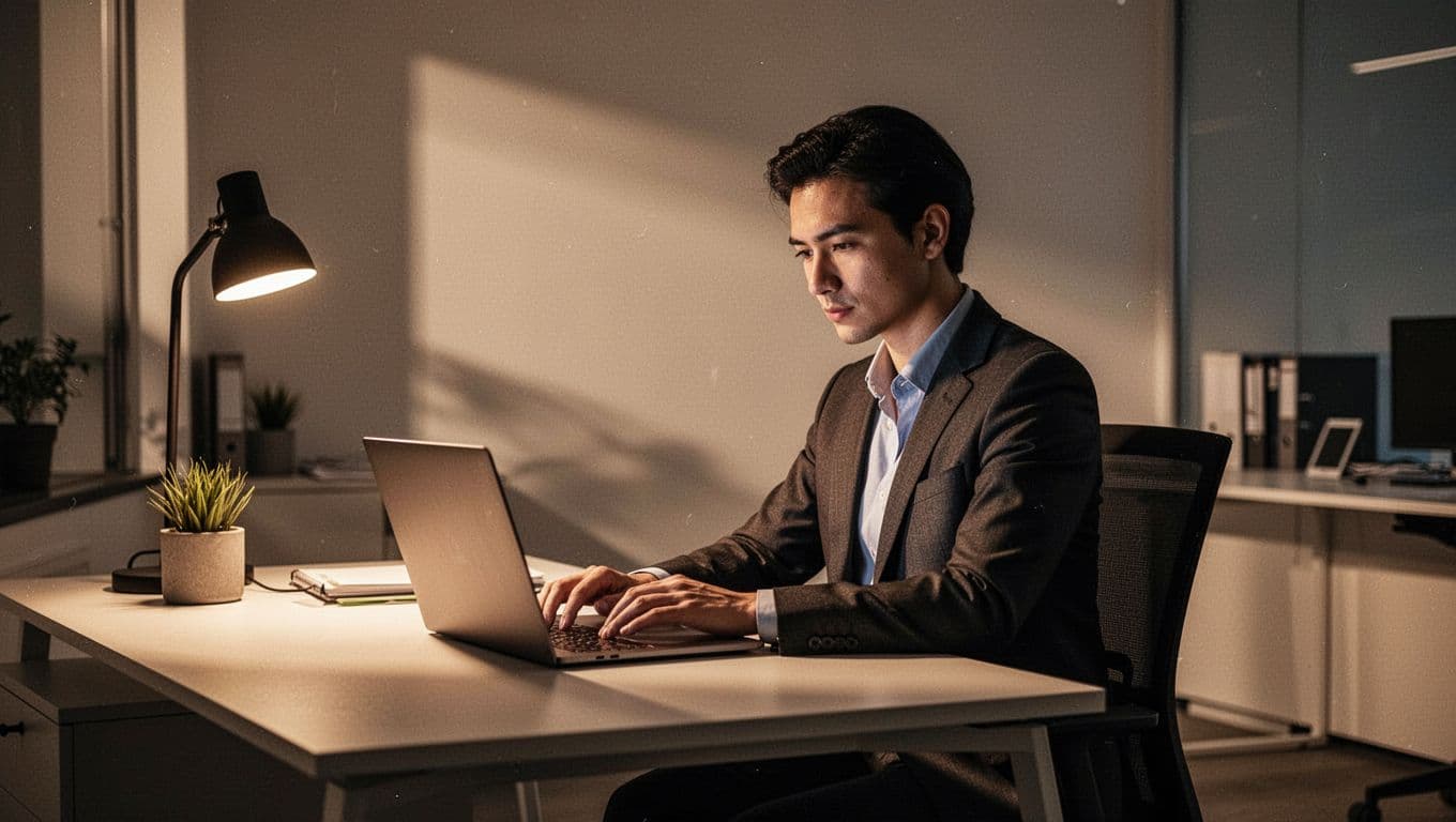 A focused professional sits at a minimalist wooden desk, typing on a sleek laptop under soft ambient lighting. The high-contrast cinematic scene highlights the person deep in productive career work.