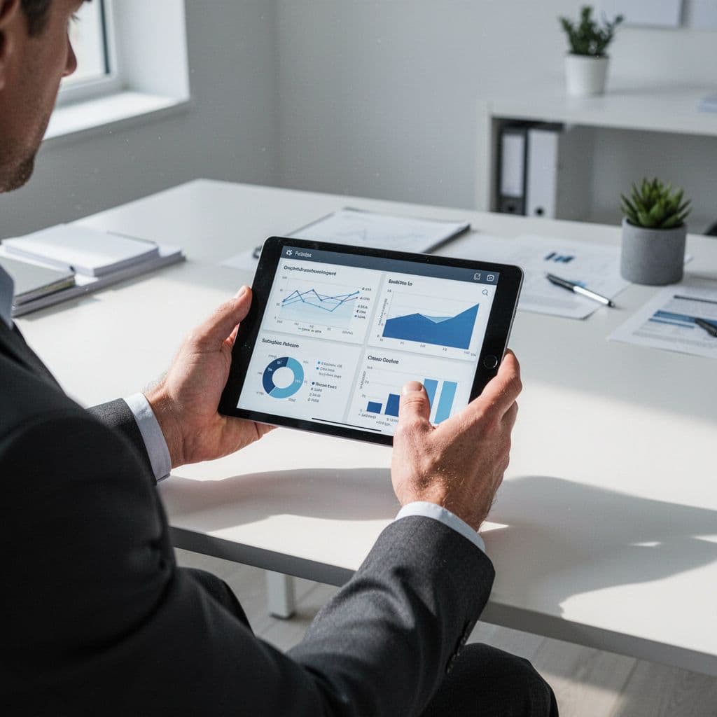 Person's hands hold tablet showing organized charts in bright minimalist office.