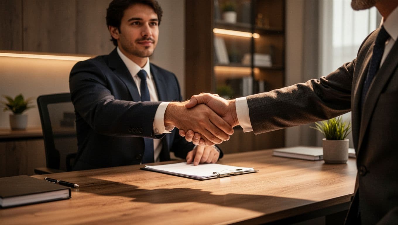 A well-dressed professional sits at a tidy desk in a contemporary home office, extending a hand to complete an agreement. Warm light highlights the firm grasp amidst a blurred, sophisticated workspace.
