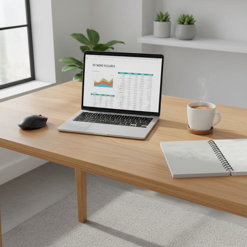 Sleek open laptop on wooden desk with notebook and coffee mug in soft natural light.