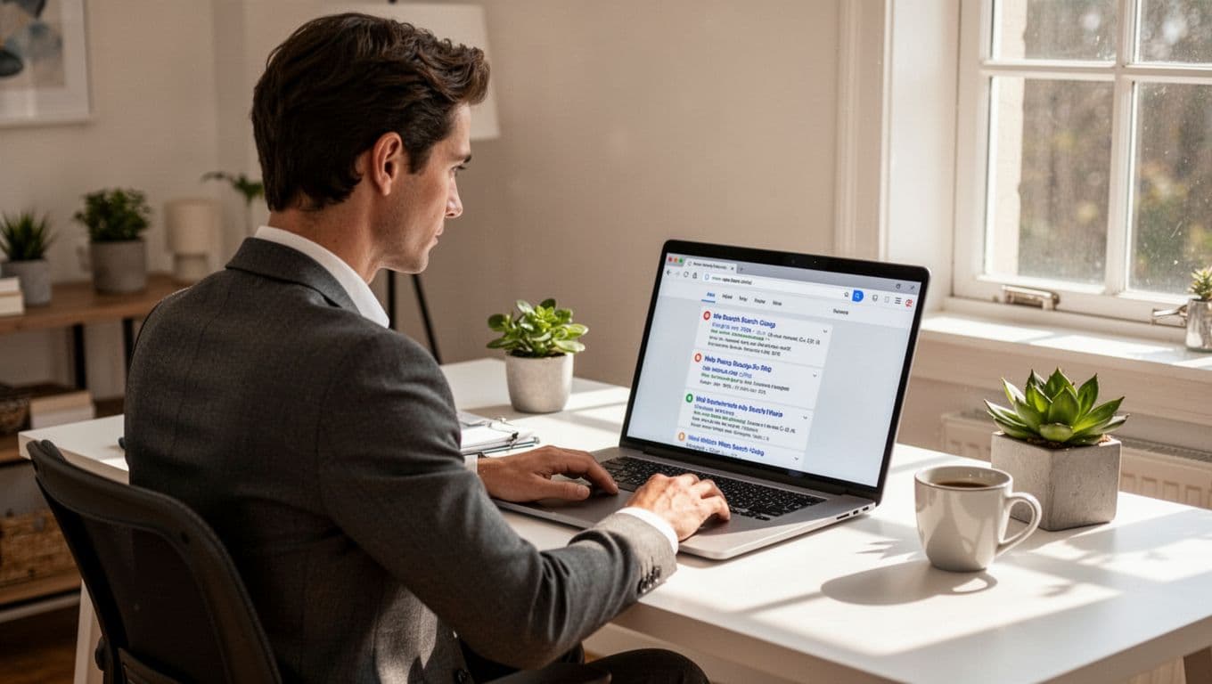 Person at clean desk in bright home office views search results on laptop screen.